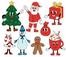 Retro set 70s 60s 80s Hippie Groovy Christmas Characters. Vector flat illustration.