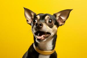 un perro con un impactante cara en frente de un amarillo fondo, un perro con sus boca abierto, generativo ai foto