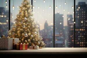 Christmas and new year background, a table with a christmas tree and gift boxes, Generative AI photo