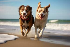 un imagen de dos perros caminando en un playa siguiente a el océano, generativo ai foto