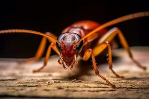 un de cerca de un cucaracha en un pedazo de madera, un macro imagen de un cucaracha, generativo ai foto