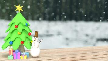 The Snowman and Christmas tree for holiday concept 3d rendering photo