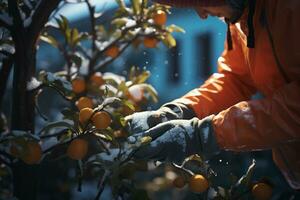 female farmer picking fruit from trees in winter in the daytime photo