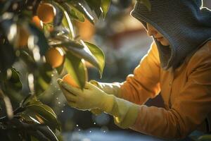 female farmer picking fruit from trees in winter in the daytime photo