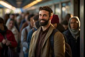 male tourist standing and smiling at a train station full of people photo