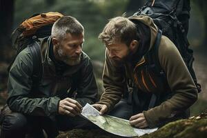 masculino turista mirando a mapa para excursionismo y montaña alpinismo foto