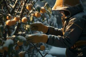female farmer picking fruit from trees in winter in the daytime photo