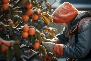 female farmer picking fruit from trees in winter in the daytime photo