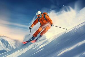 Ski athlete is skiing on the snowy mountains in winter photo