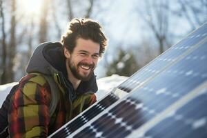 a happy Man in winter clothes cleaning solar cell in winter photo