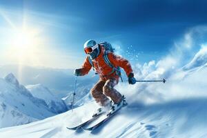 Ski athlete is skiing on the snowy mountains in winter photo