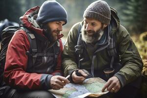 Male tourist looking at map for hiking and mountain climbing photo