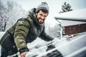 a happy Man in winter clothes cleaning solar cell in winter photo