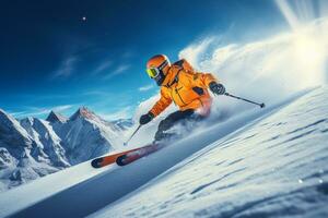 Ski athlete is skiing on the snowy mountains in winter photo