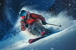 Ski athlete is skiing on the snowy mountains in winter photo