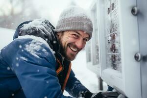 a happy Man in winter clothes cleaning solar cell in winter photo
