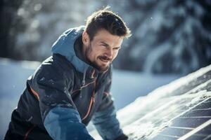 a happy Man in winter clothes cleaning solar cell in winter photo