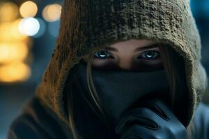 woman with gloves on covering his face in winter in a city on the fashion style bokeh background photo