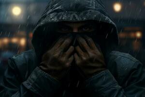 hombre con guantes en cubierta su cara en invierno en un ciudad en el Moda estilo bokeh antecedentes foto