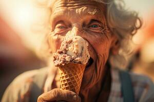 senior female tourist holding an ice cream cone at the sea in the daytime photo