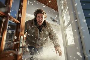 A man in a winter coat opens the door to welcome his neighbors at Christmas photo