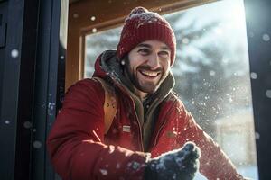 A man in a winter coat opens the door to welcome his neighbors at Christmas photo