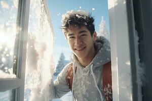 A man in a winter coat opens the door to welcome his neighbors at Christmas photo