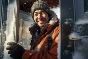 A man in a winter coat opens the door to welcome his neighbors at Christmas photo