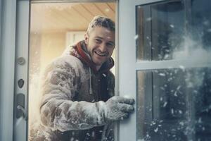 A man in a winter coat opens the door to welcome his neighbors at Christmas photo