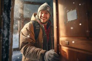 A man in a winter coat opens the door to welcome his neighbors at Christmas photo