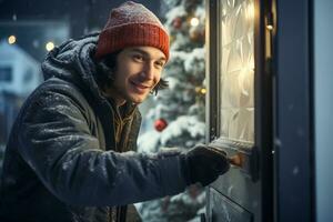 A man in a winter coat opens the door to welcome his neighbors at Christmas photo