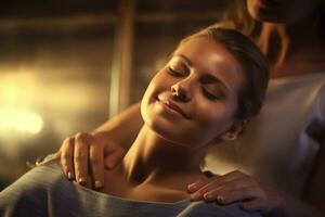 a woman happily massaging shoulders in spa on a bokeh style background photo