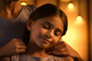 a girl happily massaging shoulders in spa on a bokeh style background photo