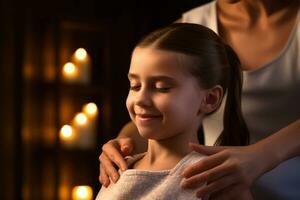 a girl happily massaging shoulders in spa on a bokeh style background photo