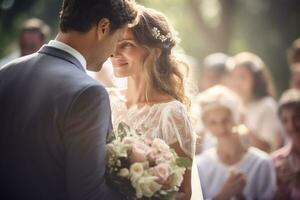 Groom and bride in wedding dresses on a crowded background photo