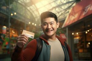 male tourist holding credit card on bokeh city background photo