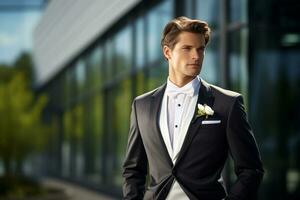 Groom in wedding dress on bokeh style background photo