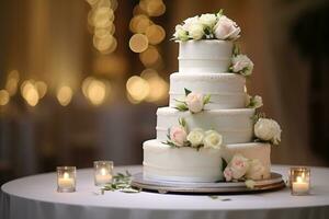 Wedding cake at a wedding on a bokeh style background photo