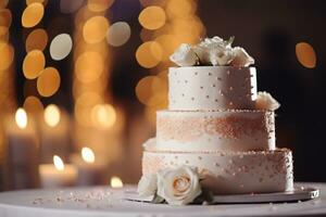 Wedding cake at a wedding on a bokeh style background photo