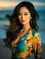 Beautiful young Asian woman portrait, cute girl wallpaper background photo, Generative AI photo