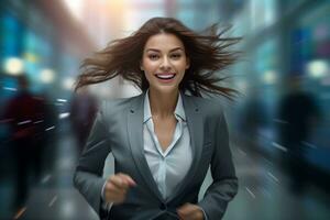 Smiling business woman running to work with inspiration in advertising concept photo