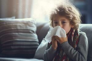 A sick boy blows his nose with a handkerchief in the living room photo