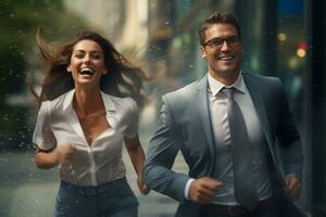 Smiling couple businessman running to work with inspiration in advertising concept photo