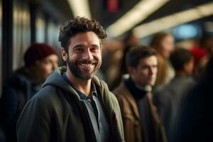 male tourist standing and smiling at a train station full of people photo