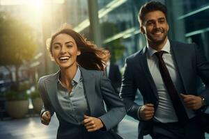 Smiling couple businessman running to work with inspiration in advertising concept photo