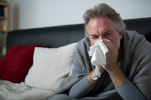 A sick man blows his nose with a handkerchief in the living room photo