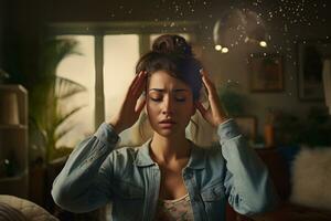 Sick woman having a headache in the living room during the daytime photo