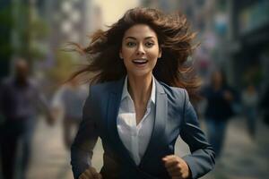 Smiling business woman running to work with inspiration in advertising concept photo