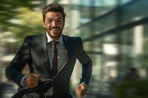 sonriente masculino empresario corriendo a trabajo con inspiración en publicidad concepto foto