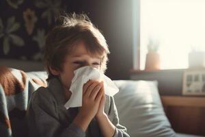 A sick boy blows his nose with a handkerchief in the living room photo